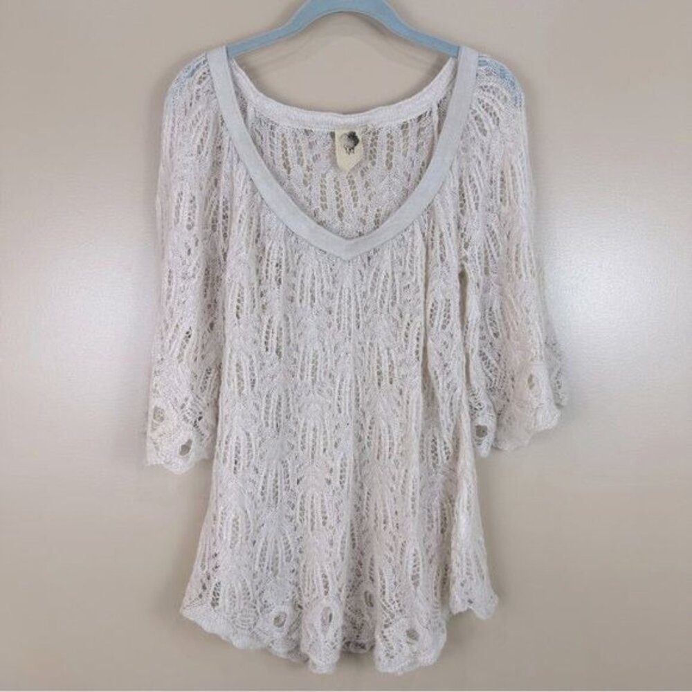 Ivory Crochet Open Knit 3/4 Bell Sleeve Suede Trim Sweater Large Fairy Boho